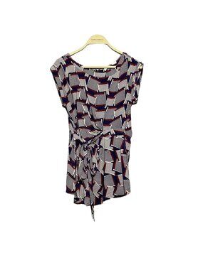 Anthropologie Jenny Han Silk Blouse Top Women Size S Geo Retro Tied Belt Ruffle